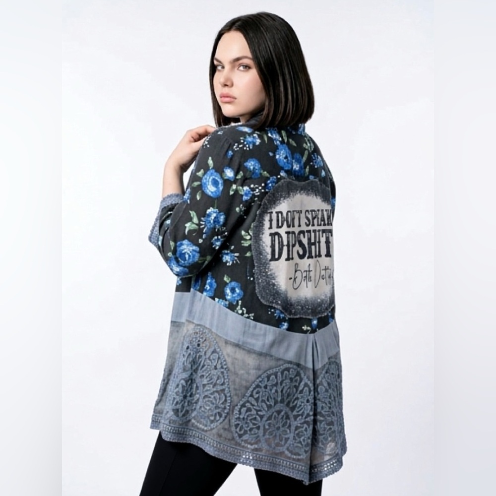 Floral Plus Size Upcycled Beth Dutton Tunic Blue Lace Plus Size 22W Western Boho - Picture 2 of 13